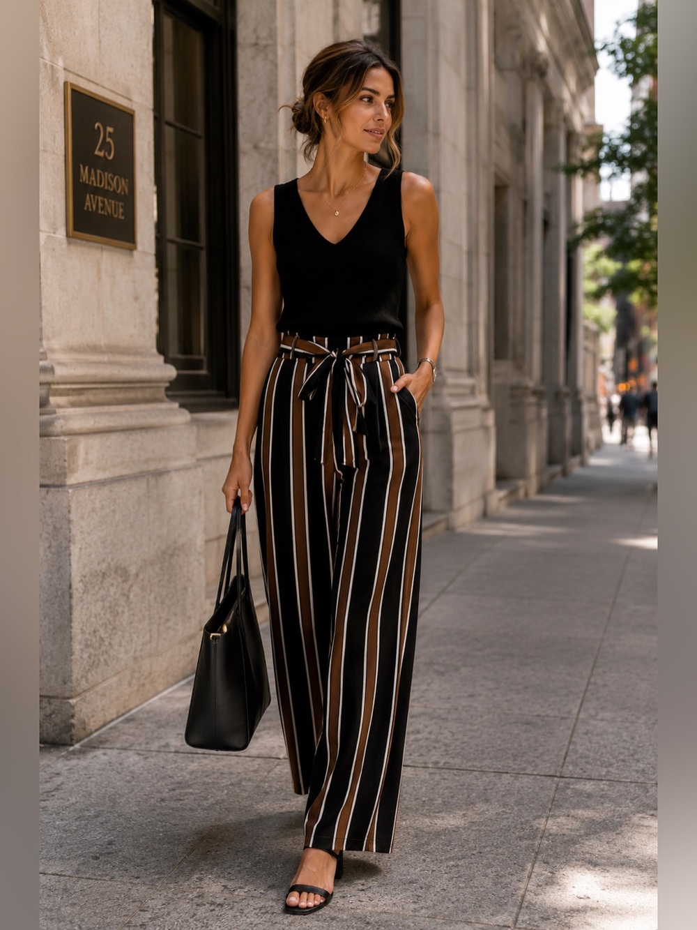 Windsor Striped Black and Brown Tie Waist Wide Leg Pants Size XS